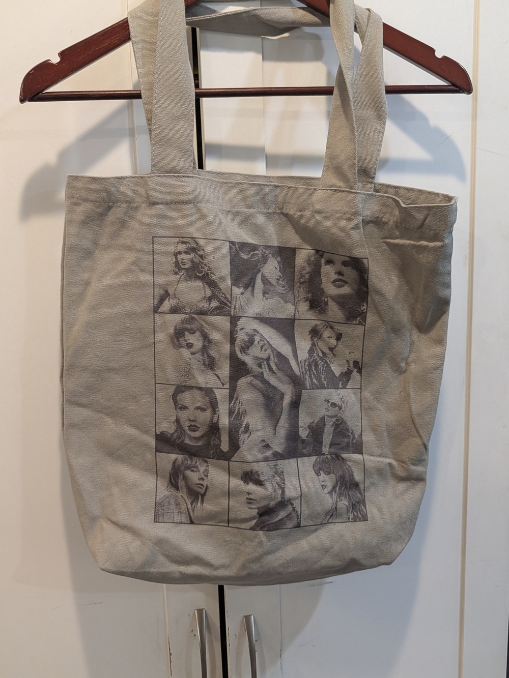 Beige Graphic Canvas Tote Bag with Photo Grid